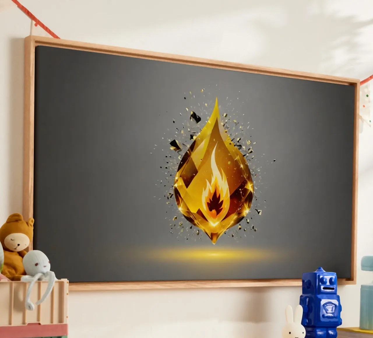 Grafica a fiamma dorata stilizzata con emblema di fuoco e shatter tela da DesignDoodle