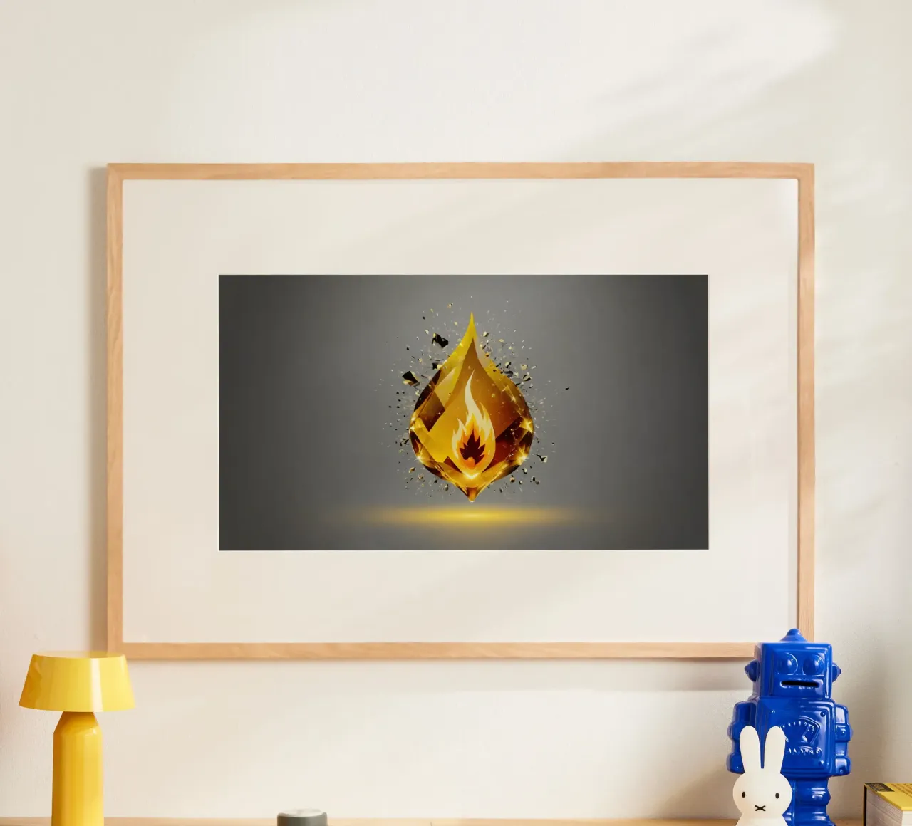 Grafica a fiamma dorata stilizzata con emblema di fuoco e shatter carta hahnemühle da DesignDoodle