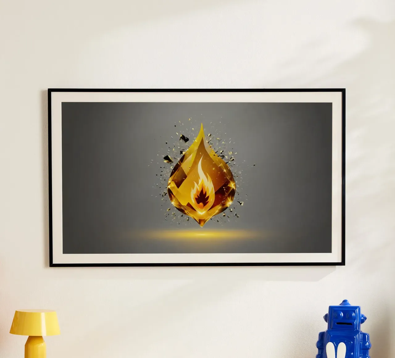 Grafica a fiamma dorata stilizzata con emblema di fuoco e shatter carta hahnemühle da DesignDoodle