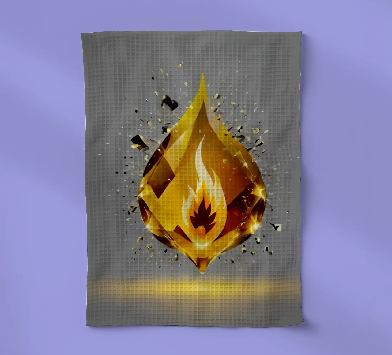 Grafica a fiamma dorata stilizzata con emblema di fuoco e shatter canovaccio da cucina da DesignDoodle