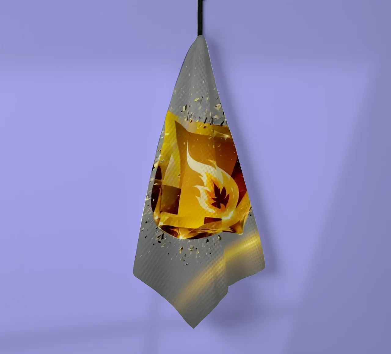 Grafica a fiamma dorata stilizzata con emblema di fuoco e shatter canovaccio da cucina da DesignDoodle