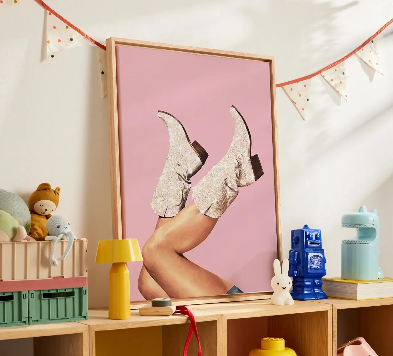 Botas vaqueras de purpurina en rosa lienzo con Marco flotante de Attaboy Dsgn