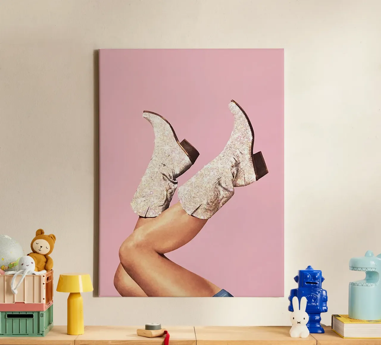 Botas vaqueras de purpurina en rosa lienzo con Marco flotante de Attaboy Dsgn