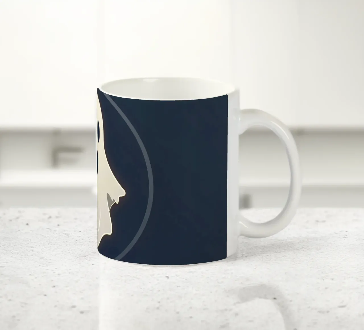 Cartoon ghost with surprised expression on dark background ceramic mug by DesignDoodle