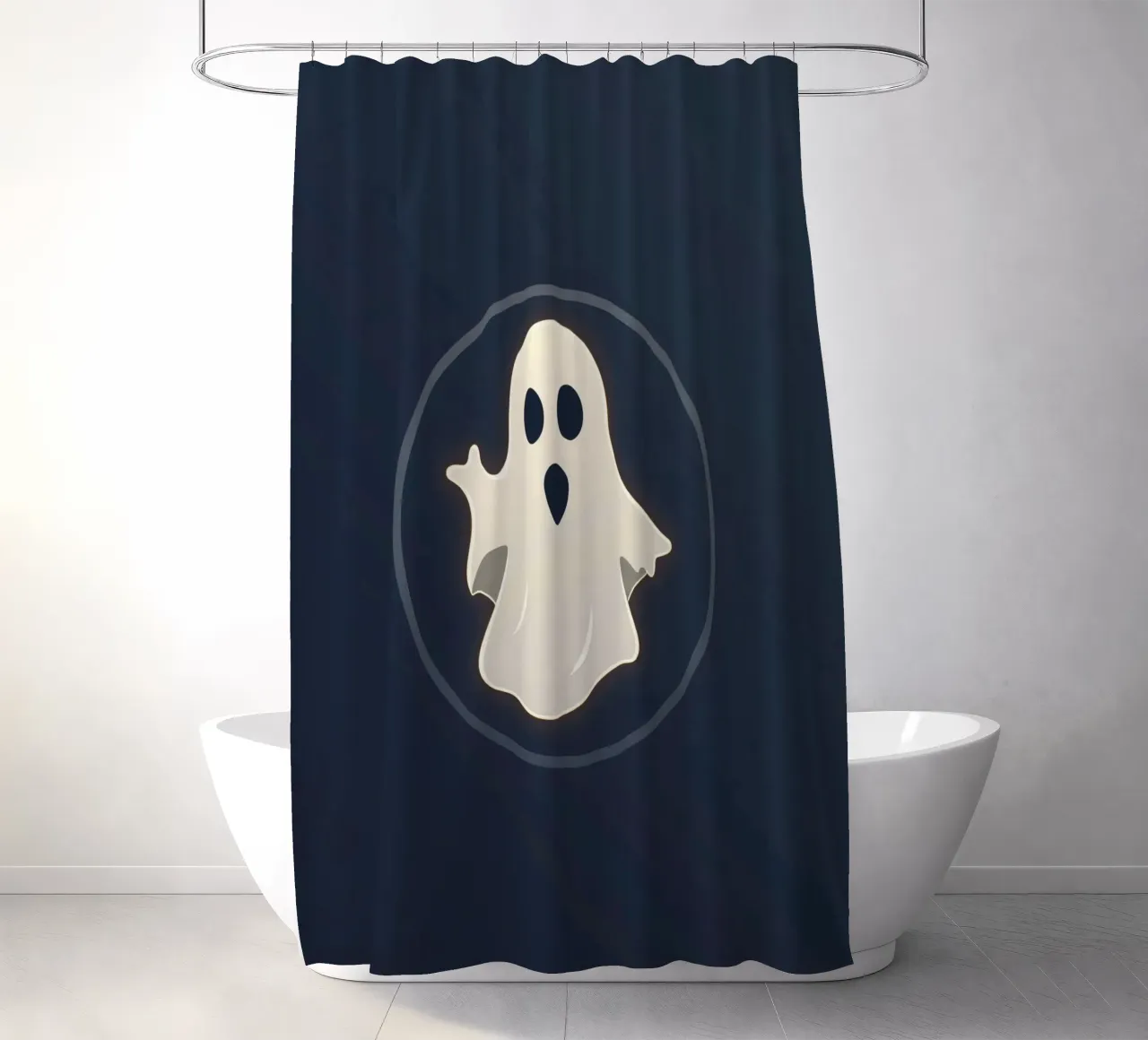 Cartoon ghost with surprised expression on dark background shower curtain by DesignDoodle