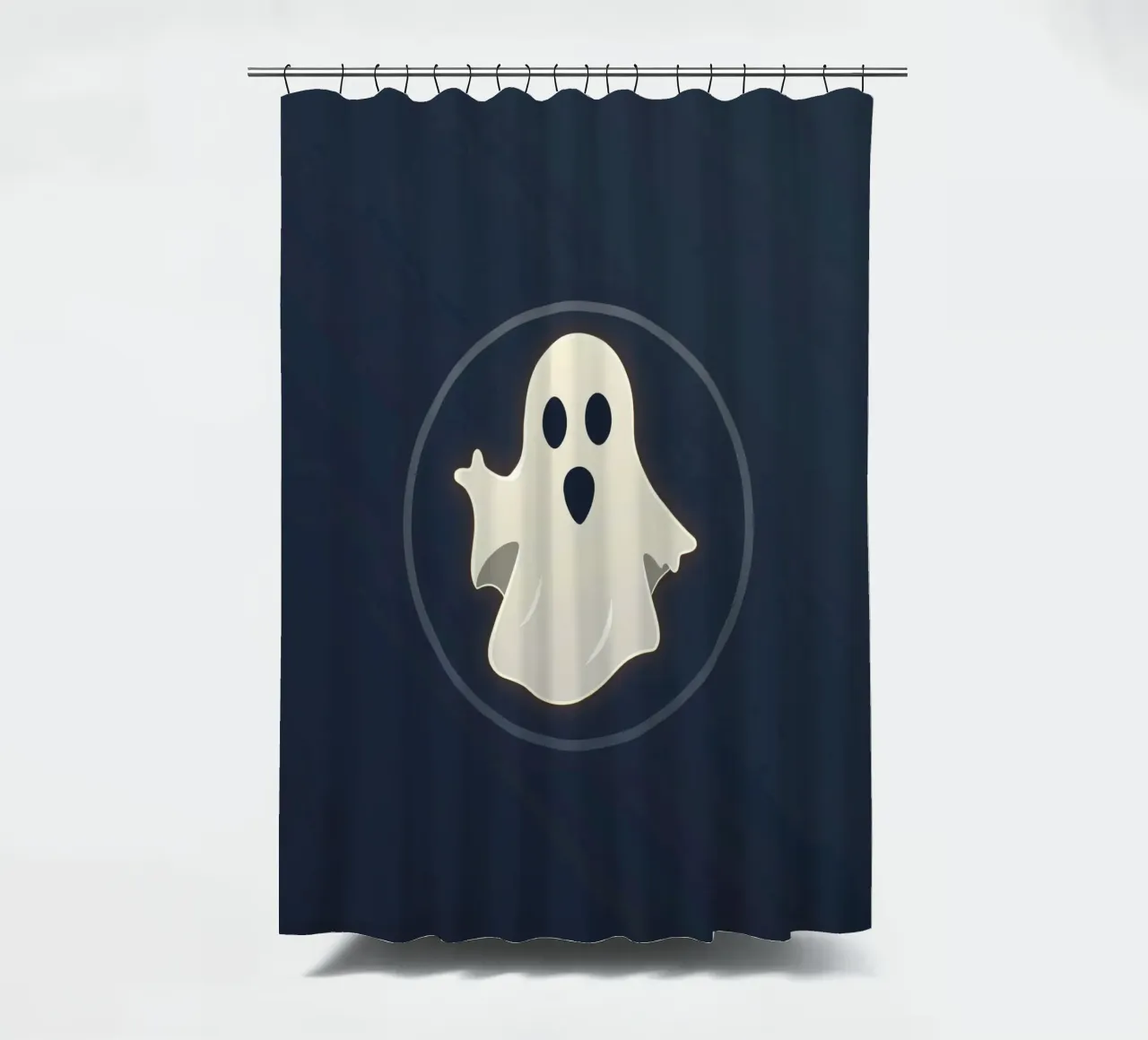 Cartoon ghost with surprised expression on dark background shower curtain by DesignDoodle