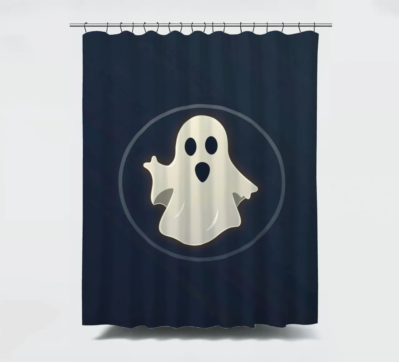 Cartoon ghost with surprised expression on dark background shower curtain by DesignDoodle