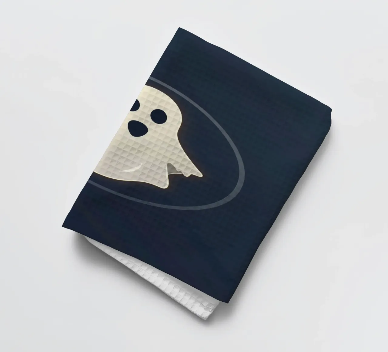 Cartoon ghost with surprised expression on dark background tea towel by DesignDoodle