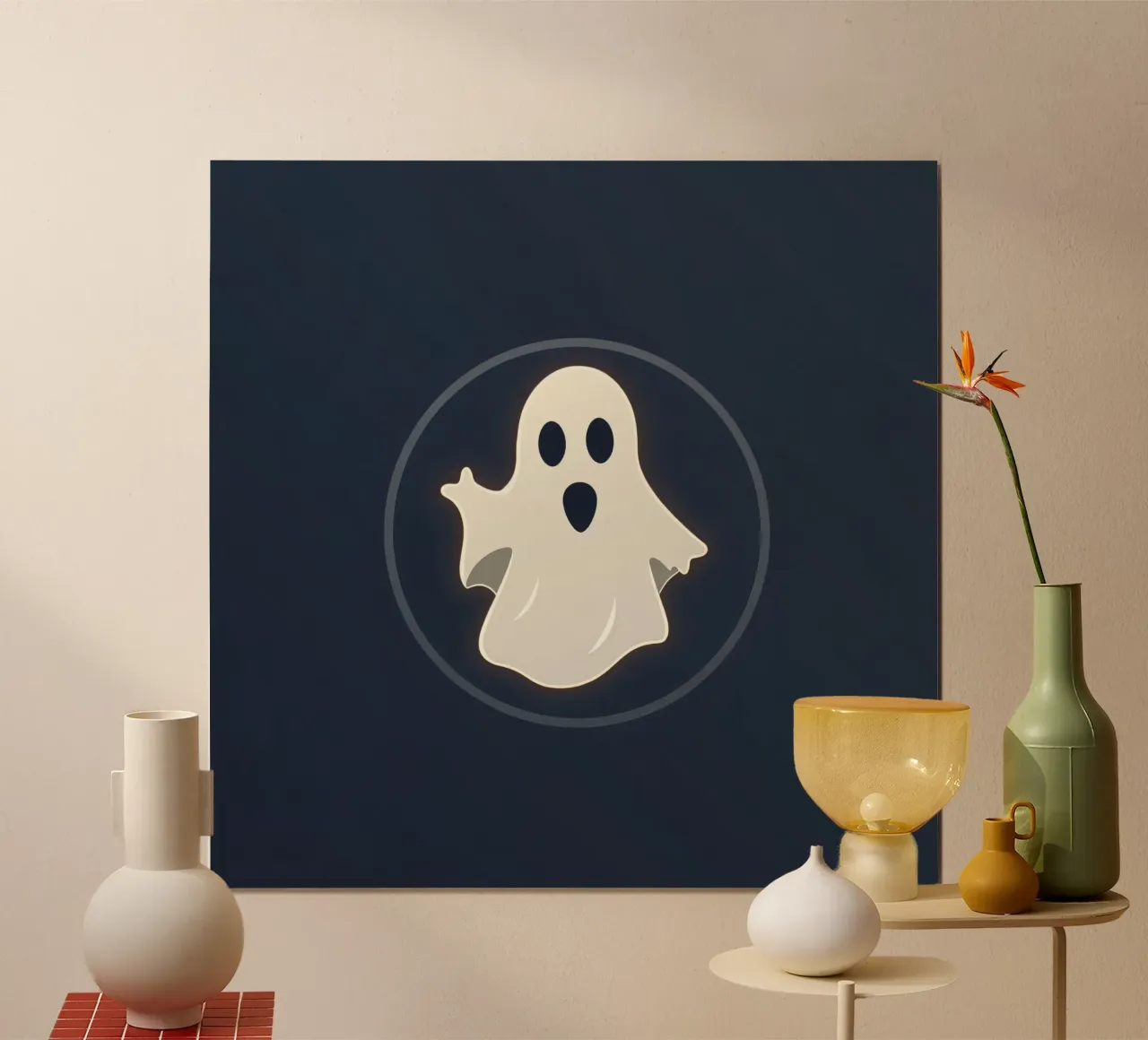 Cartoon ghost with surprised expression on dark background hahnemühle by DesignDoodle