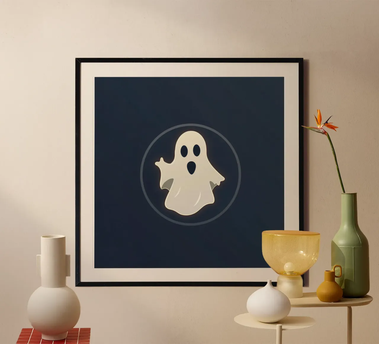 Cartoon ghost with surprised expression on dark background hahnemühle by DesignDoodle
