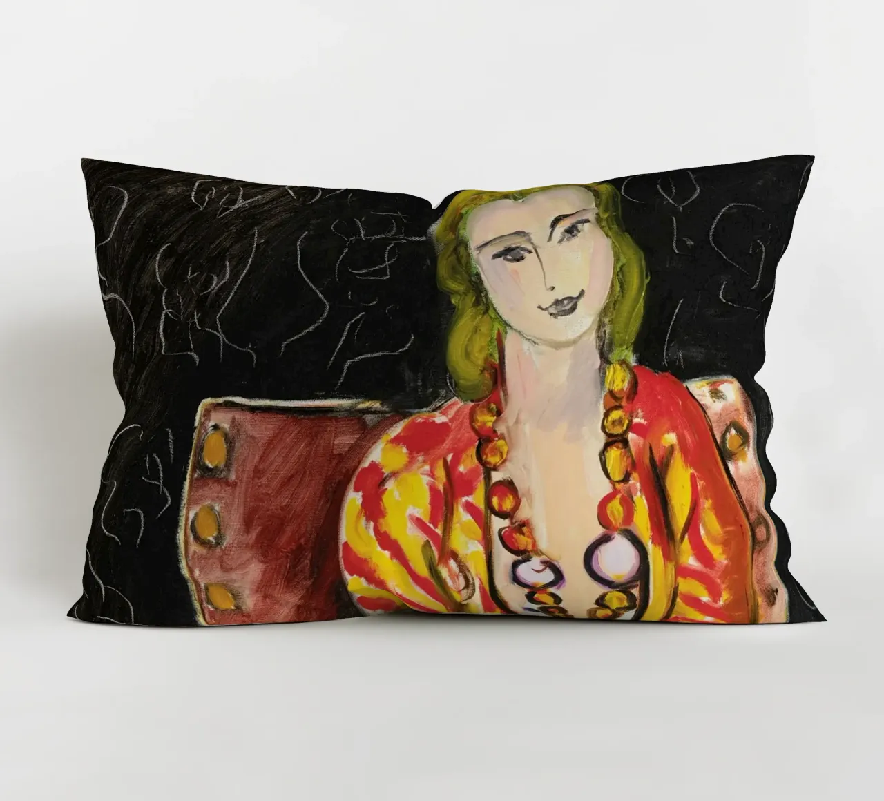 Vrouw zittend voor een zwarte achtergrond van Mattisse kussen van Venus Art