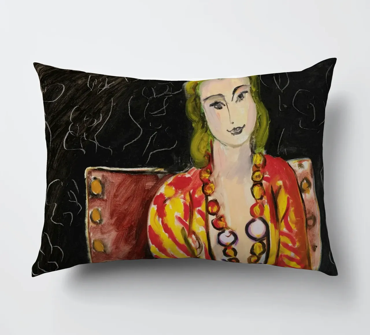 Vrouw zittend voor een zwarte achtergrond van Mattisse kussen van Venus Art
