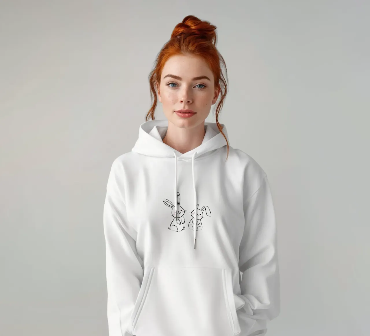 Due adorabili conigli in piedi insieme in una simpatica opera d'arte felpa con cappuccio da DesignDoodle