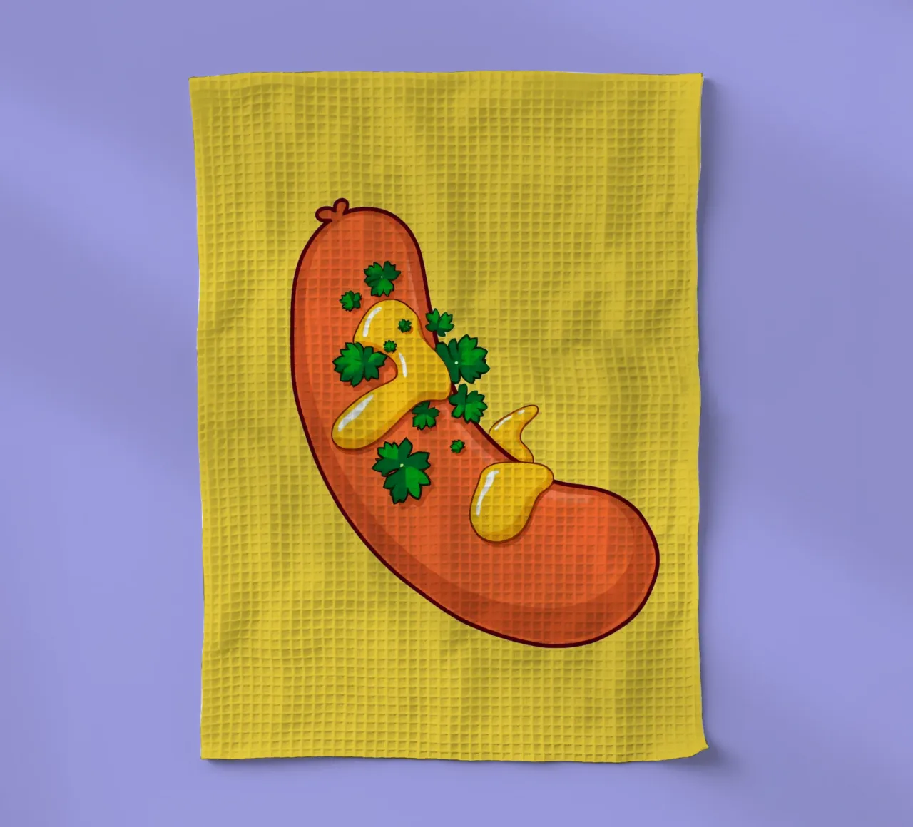 Un hot-dog de dessin animé coloré garni de moutarde jaune torchon de DesignDoodle