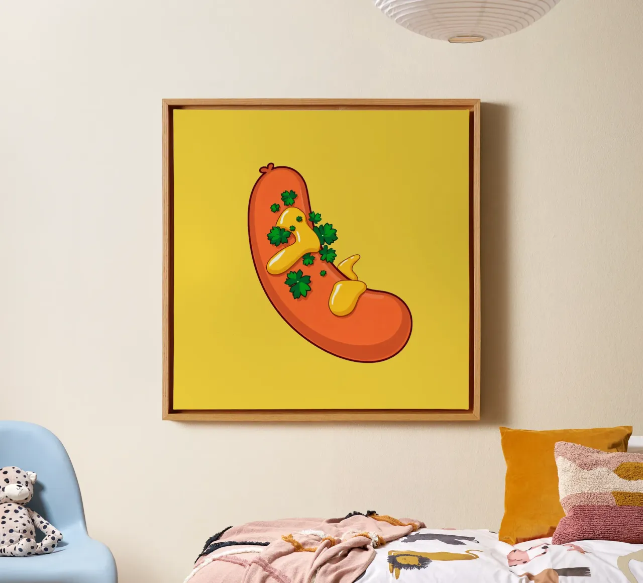 Een kleurrijke cartoon hotdog overgoten met gele mosterd canvas met Baklijst van DesignDoodle