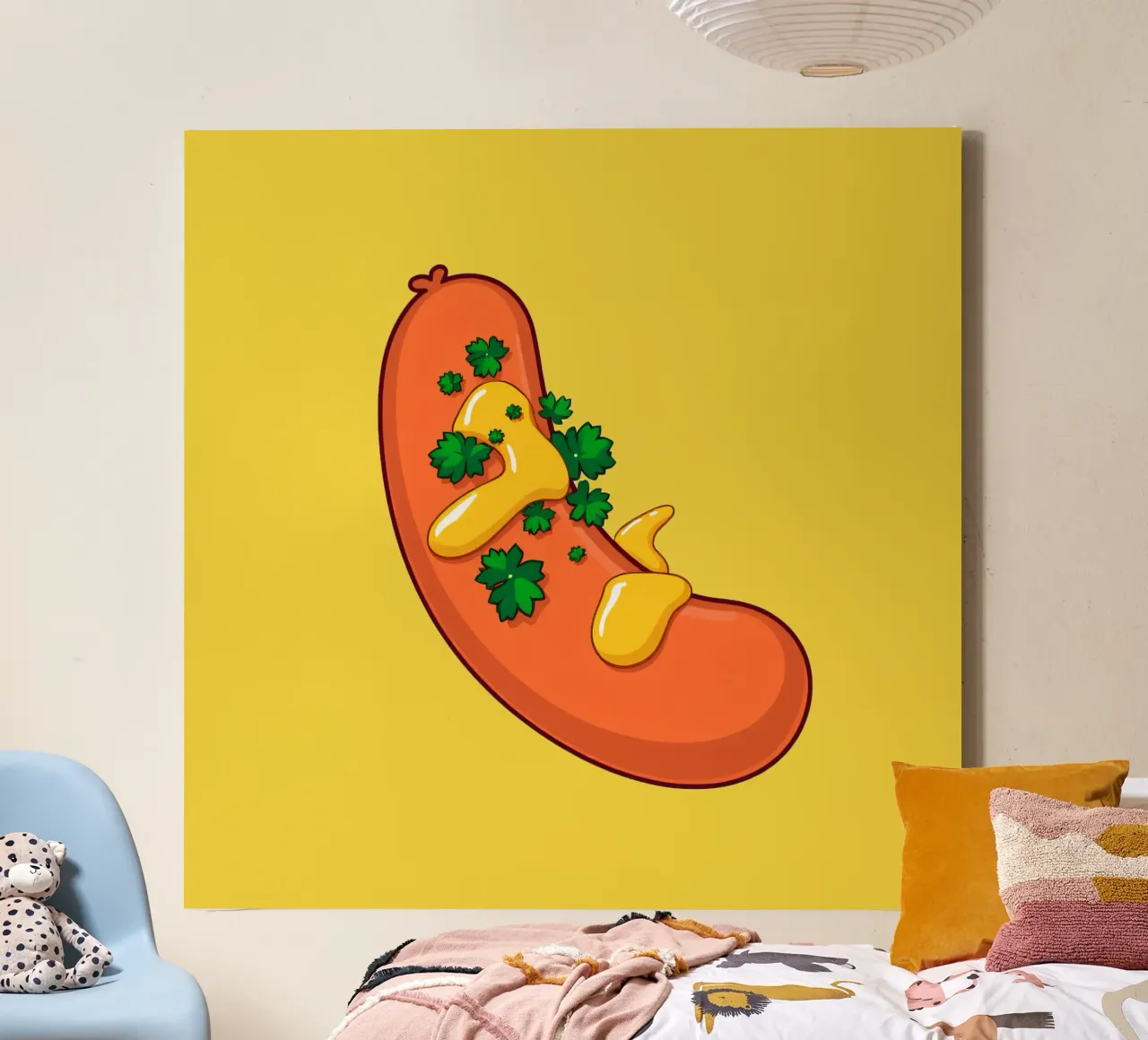 Een kleurrijke cartoon hotdog overgoten met gele mosterd canvas met Baklijst van DesignDoodle