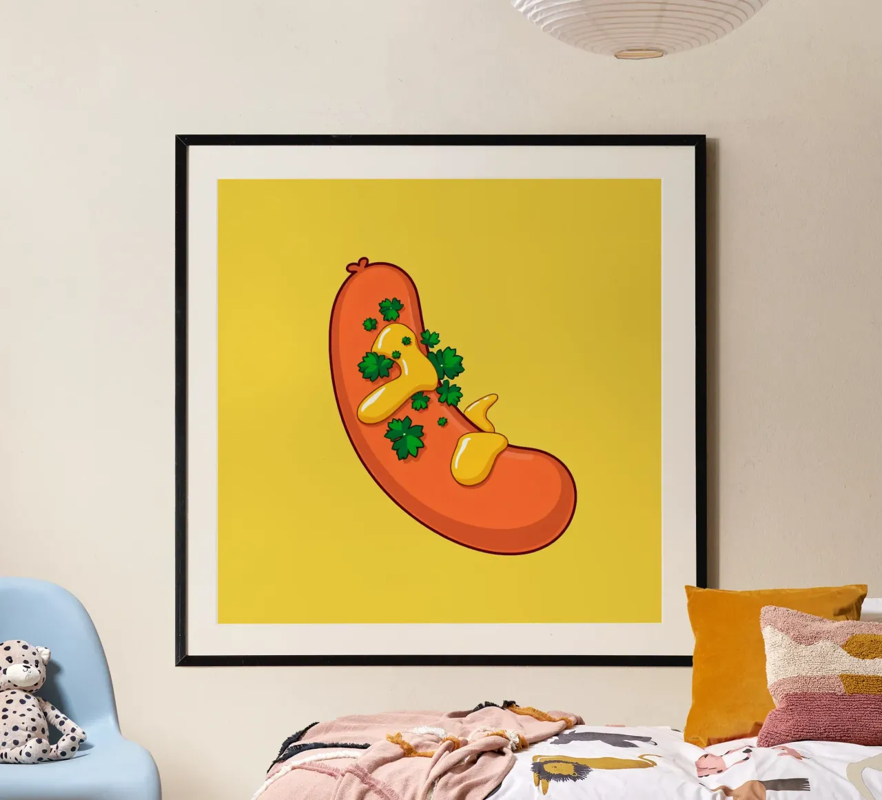 Een kleurrijke cartoon hotdog overgoten met gele mosterd poster met kunststof frame van DesignDoodle