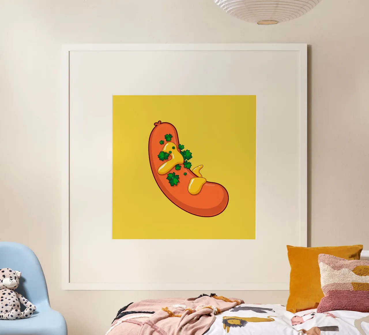 Een kleurrijke cartoon hotdog overgoten met gele mosterd poster met kunststof frame van DesignDoodle