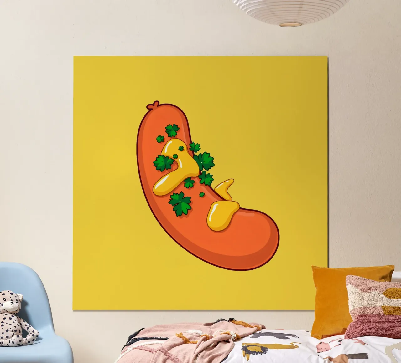 Een kleurrijke cartoon hotdog overgoten met gele mosterd poster met kunststof frame van DesignDoodle