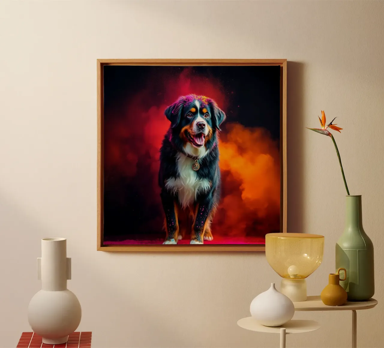 The colorful Bernese Mountain Dog #196 canvas with Floater frame by Yumis.Beargang.and.Me