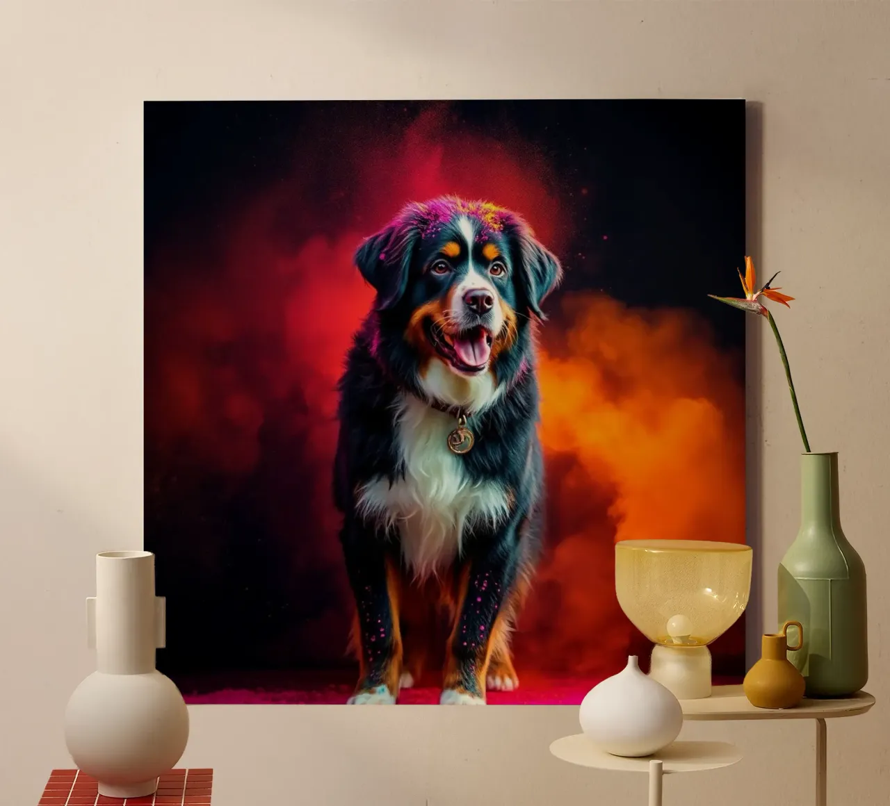 The colorful Bernese Mountain Dog #196 canvas with Floater frame by Yumis.Beargang.and.Me