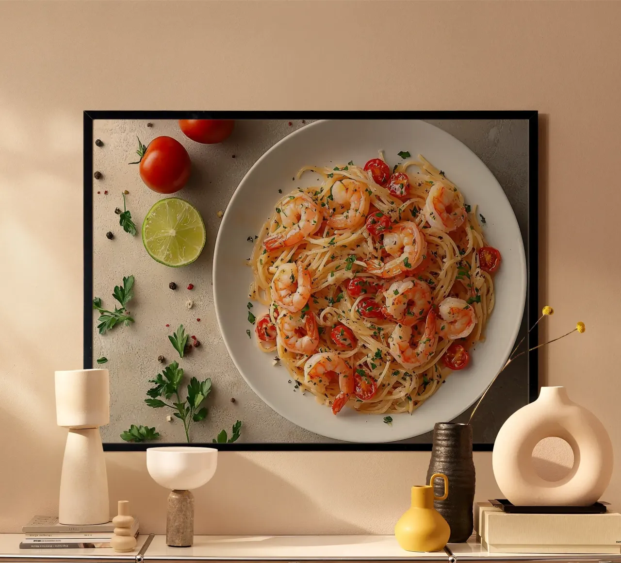pasta ai gamberetti poster con telaio in plastica da Luke Yaeger