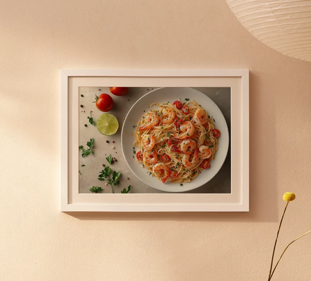 pasta ai gamberetti poster con telaio in plastica da Luke Yaeger
