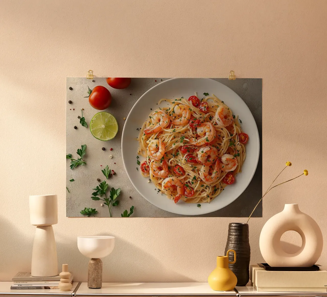 pasta ai gamberetti poster con telaio in plastica da Luke Yaeger