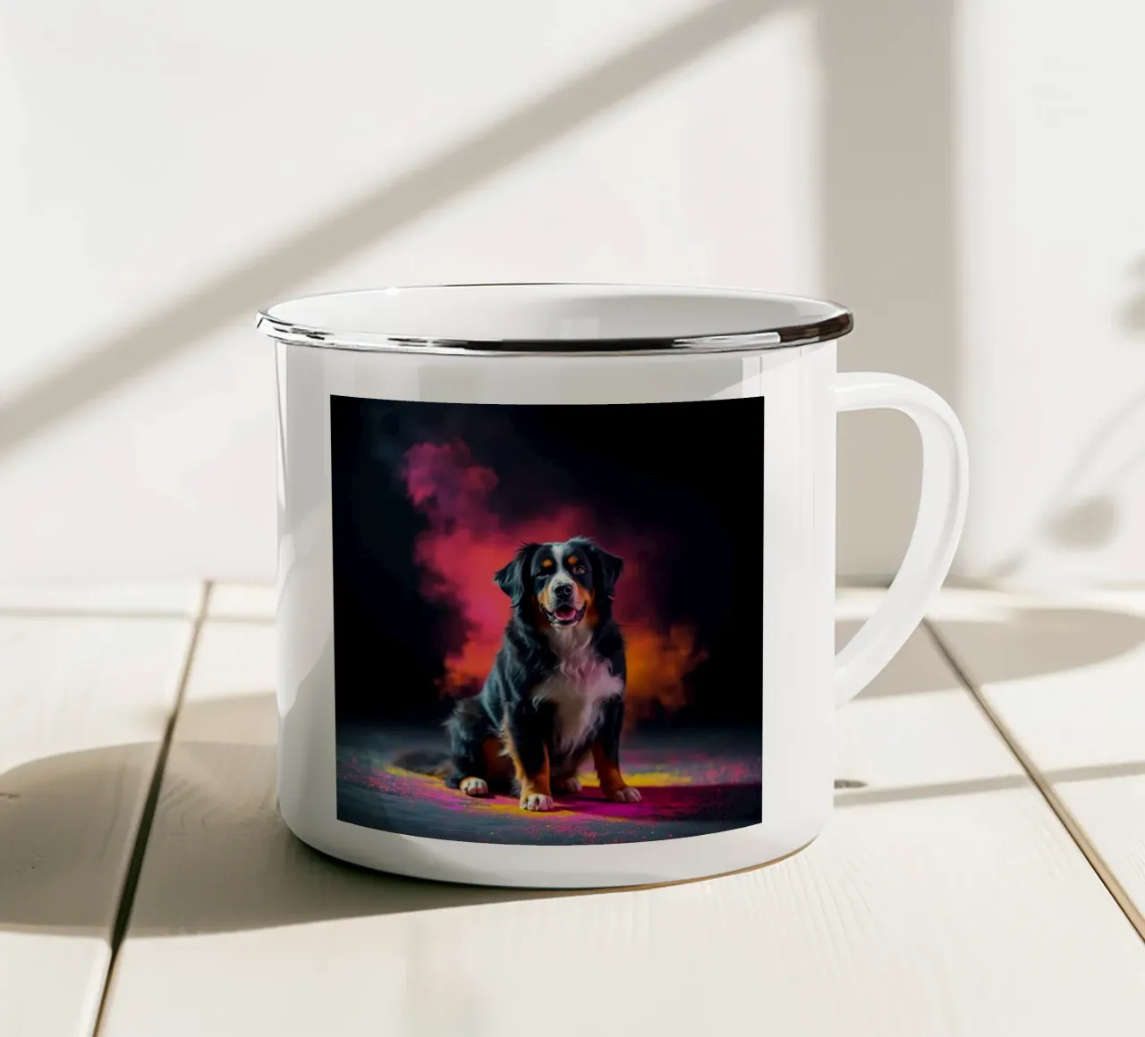 The colorful Bernese Mountain Dog #199 enamel mug by Yumis.Beargang.and.Me