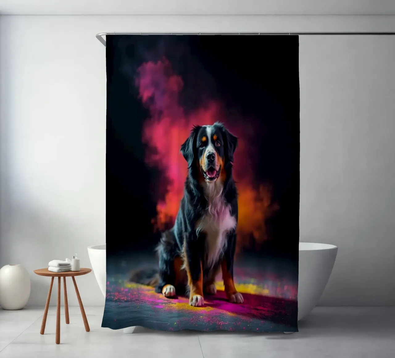 The colorful Bernese Mountain Dog #199 shower curtain by Yumis.Beargang.and.Me