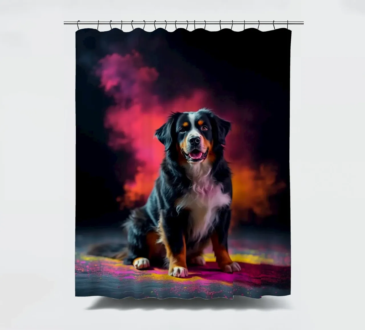 The colorful Bernese Mountain Dog #199 shower curtain by Yumis.Beargang.and.Me