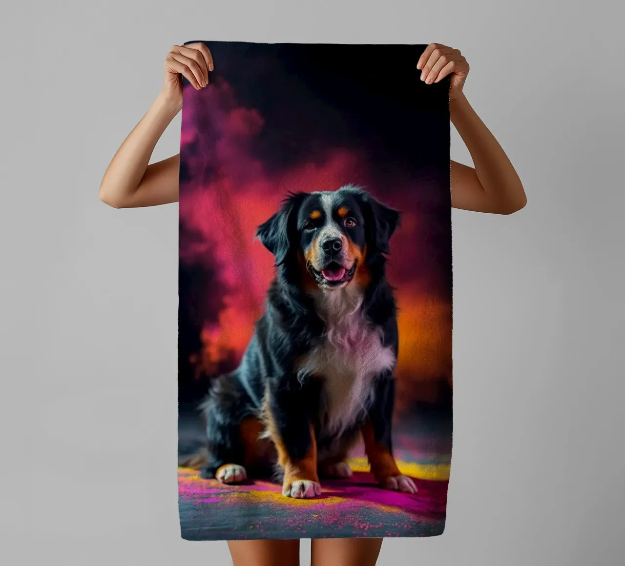 The colorful Bernese Mountain Dog #199 towel by Yumis.Beargang.and.Me