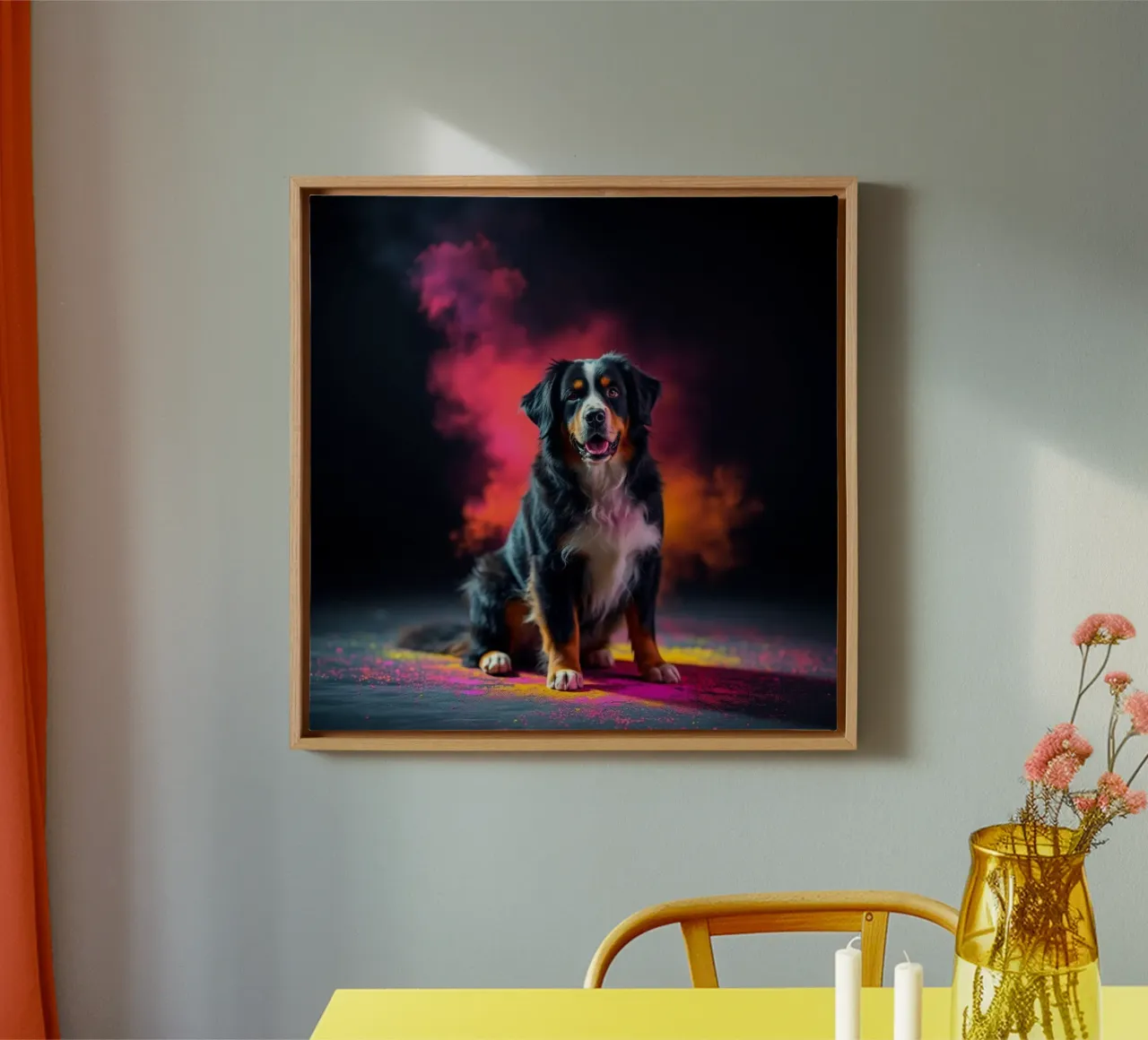 The colorful Bernese Mountain Dog #199 canvas with Floater frame by Yumis.Beargang.and.Me