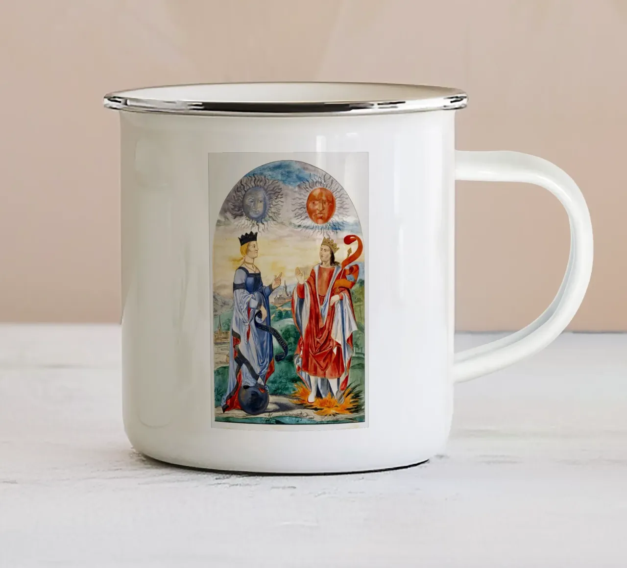 Hemelse vorsten: Maan Koningin & Zon Koning Kunst Print emaille mok van Venus Art