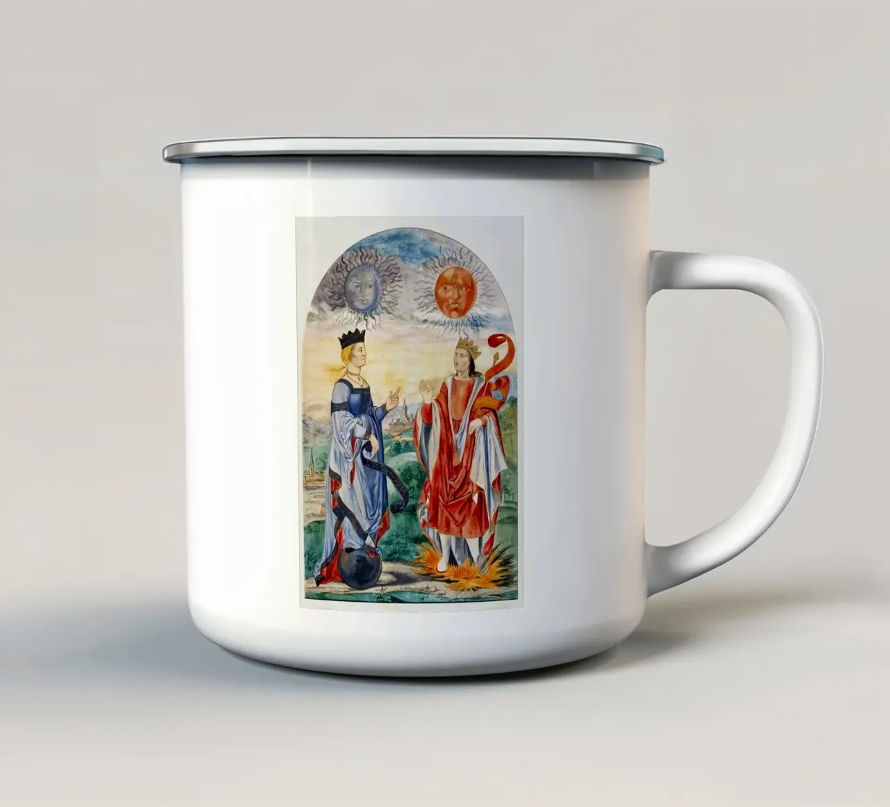 Hemelse vorsten: Maan Koningin & Zon Koning Kunst Print emaille mok van Venus Art