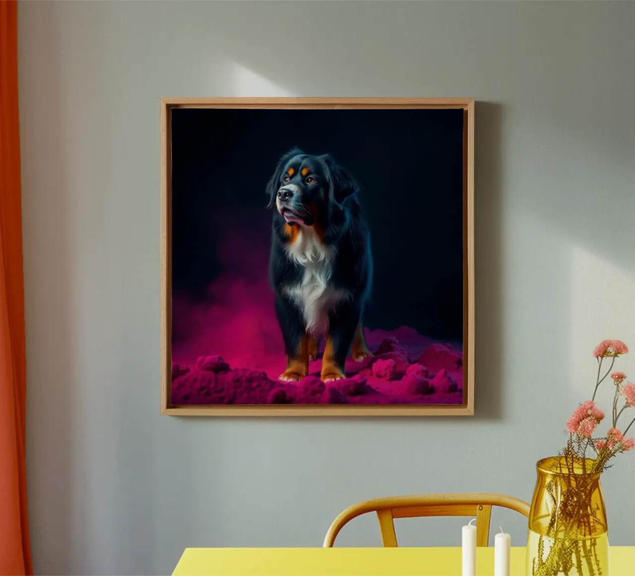 The colorful Bernese Mountain Dog #201 canvas with Floater frame by Yumis.Beargang.and.Me