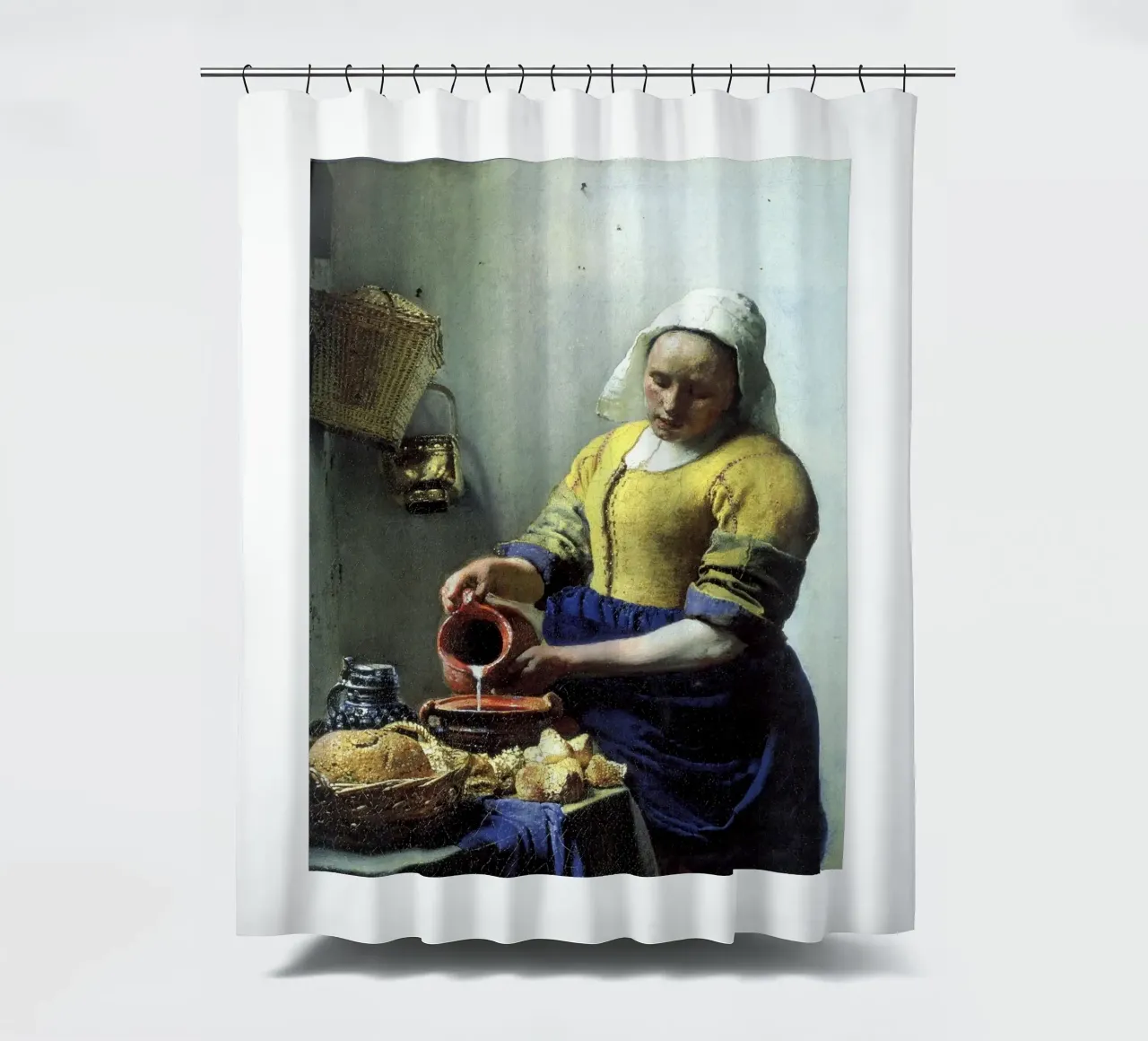 vemeer - una sguattera che versa il latte tenda da doccia da The Dinda