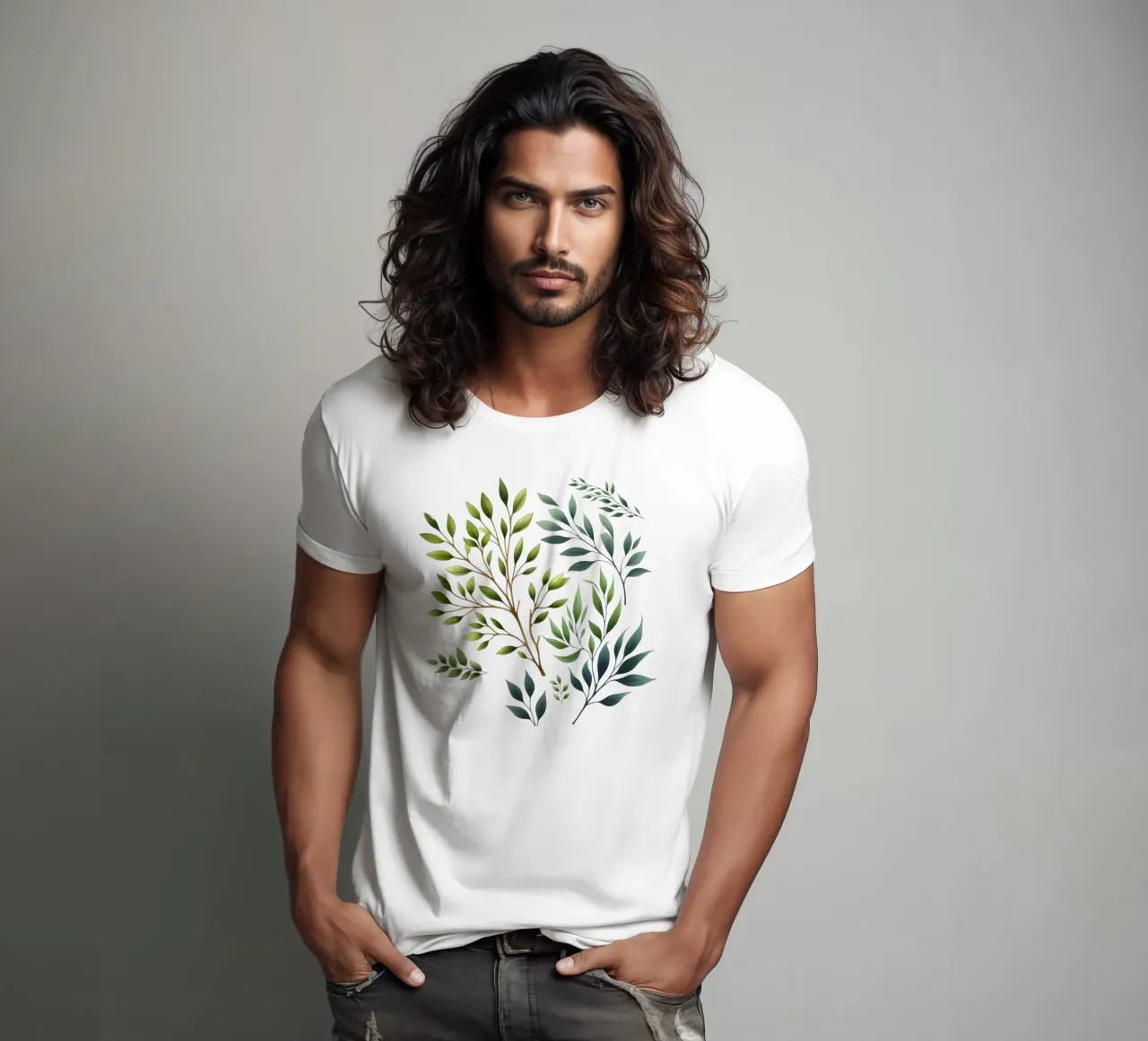 Branches Botanical Print Green and Cream t-shirt by SilverPegasus