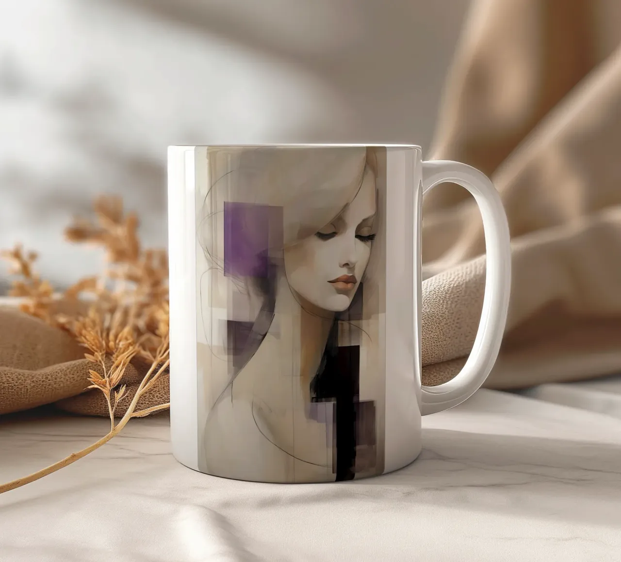 Ritratto femminile astratto con viola e grigio tazza in ceramica da Imagine