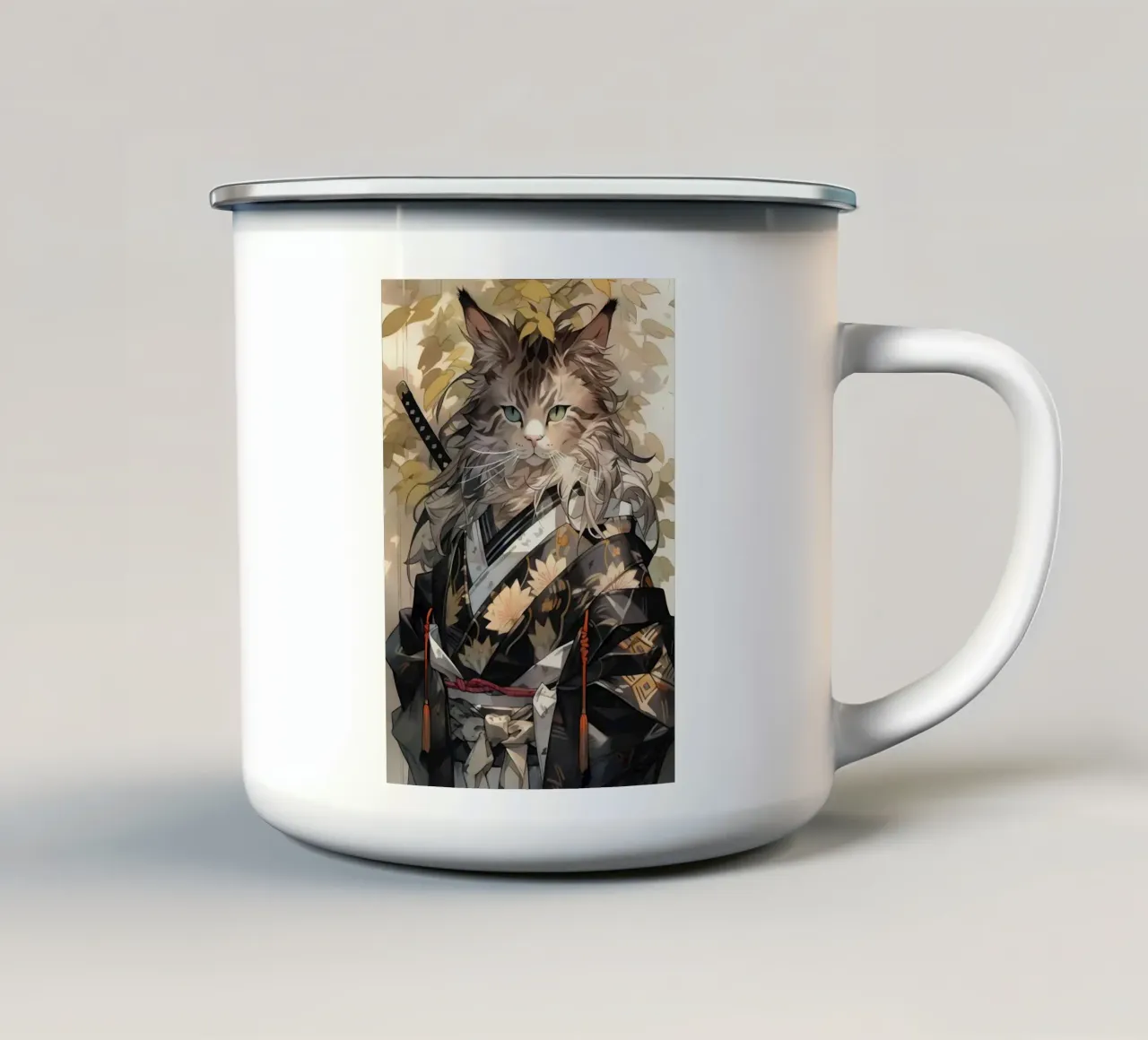cat kimono sword katana leaves foliage fur patterned-clothin enamel mug by Ashish Kashyap