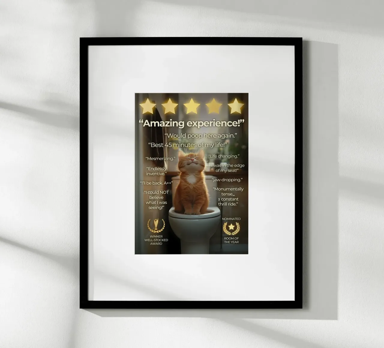gatto da toilette cinque stelle umorismo citazioni divertenti pavimento in legno asciugamano poster da Ashish Kashyap