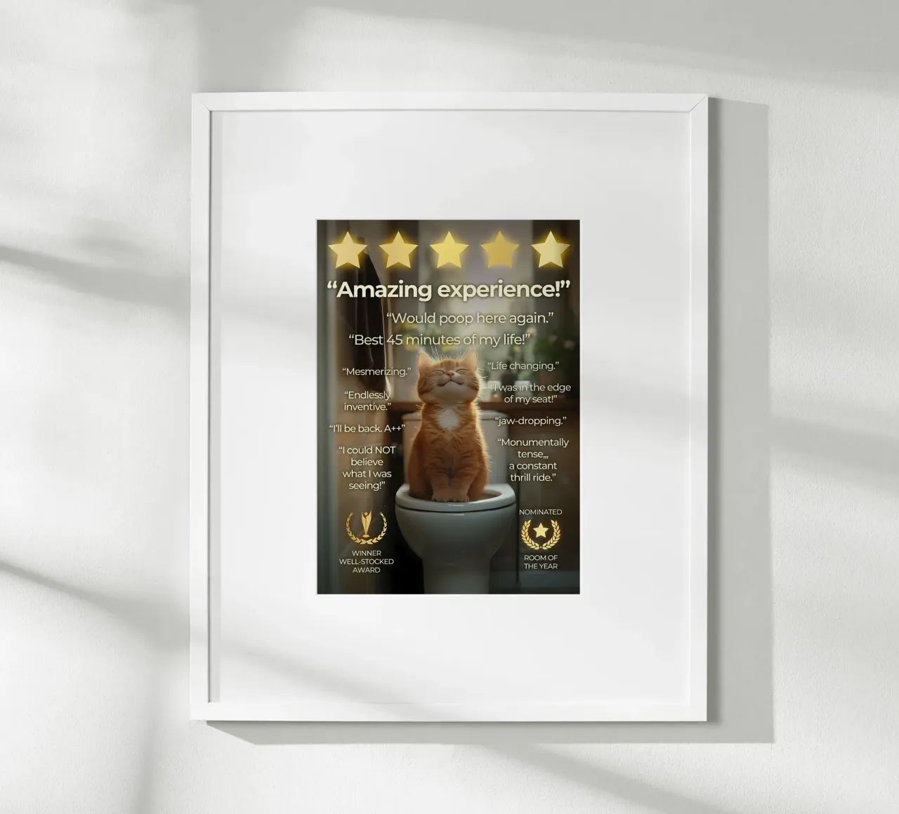 gatto da toilette cinque stelle umorismo citazioni divertenti pavimento in legno asciugamano poster da Ashish Kashyap