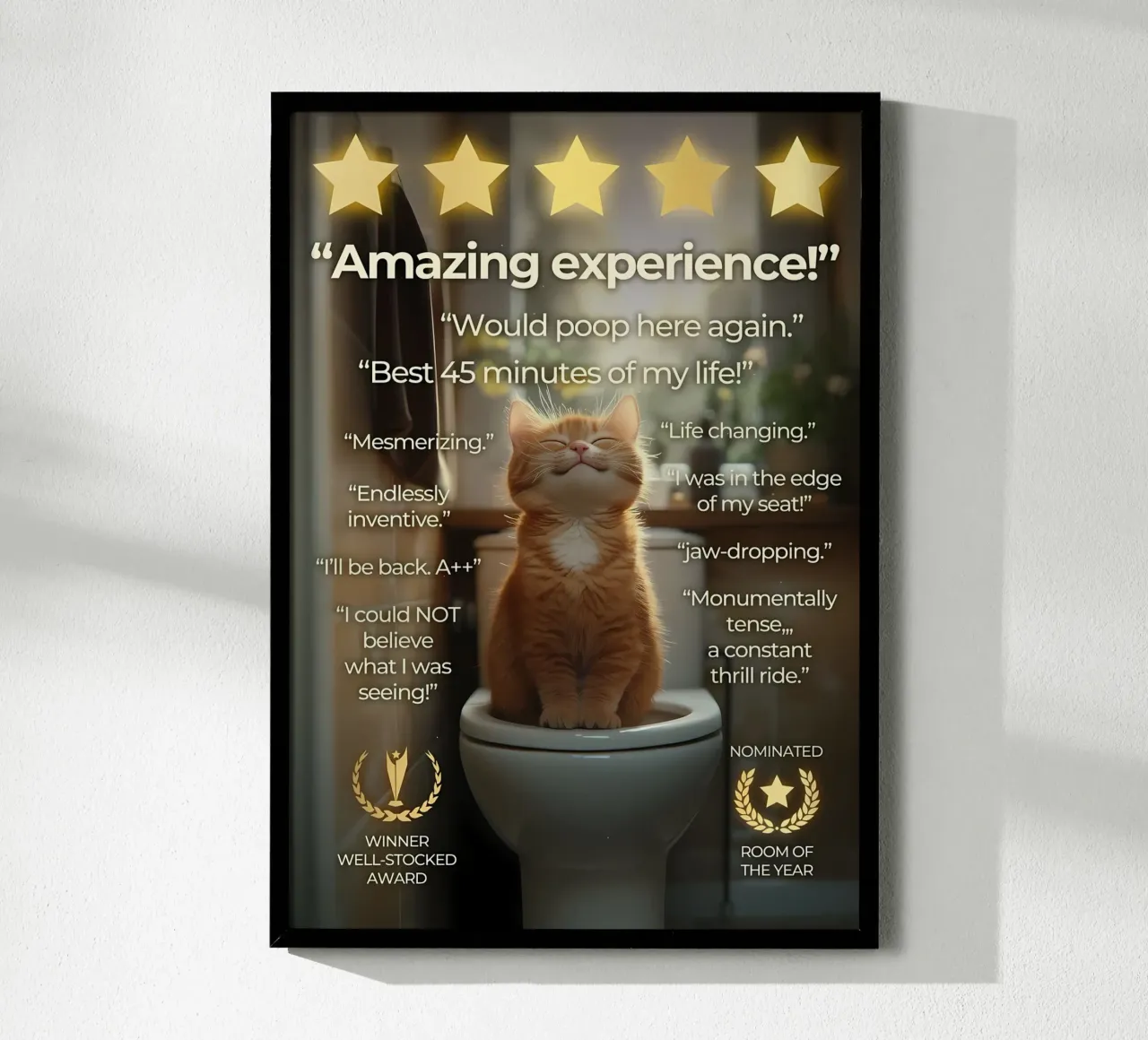 gatto da toilette cinque stelle umorismo citazioni divertenti pavimento in legno asciugamano poster da Ashish Kashyap