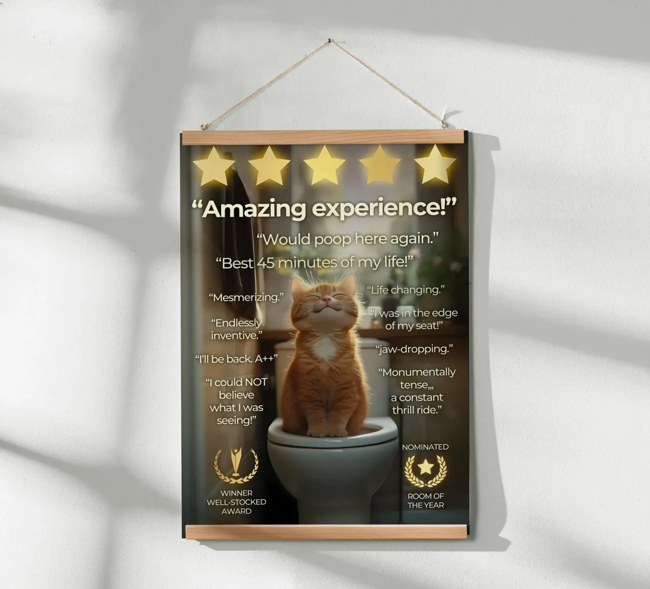 gatto da toilette cinque stelle umorismo citazioni divertenti pavimento in legno asciugamano poster da Ashish Kashyap