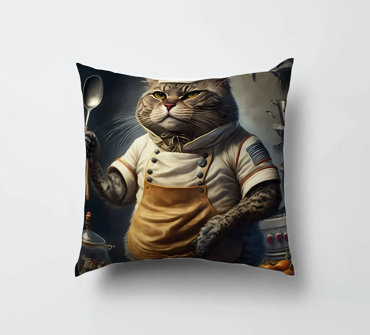 chef gatto soriano gatto chef cappello grembiule cucina cucina cucchiaio stov cuscino da Ashish Kashyap