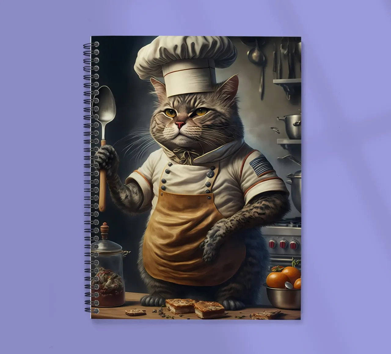 chef cat tabby cat chef hat apron kitchen cooking spoon stov spiral notebook by Ashish Kashyap