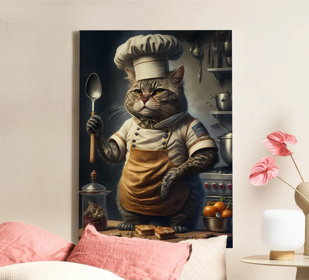 chef gatto soriano gatto chef cappello grembiule cucina cucina cucchiaio stov tela con Cornice a cassetta da Ashish Kashyap