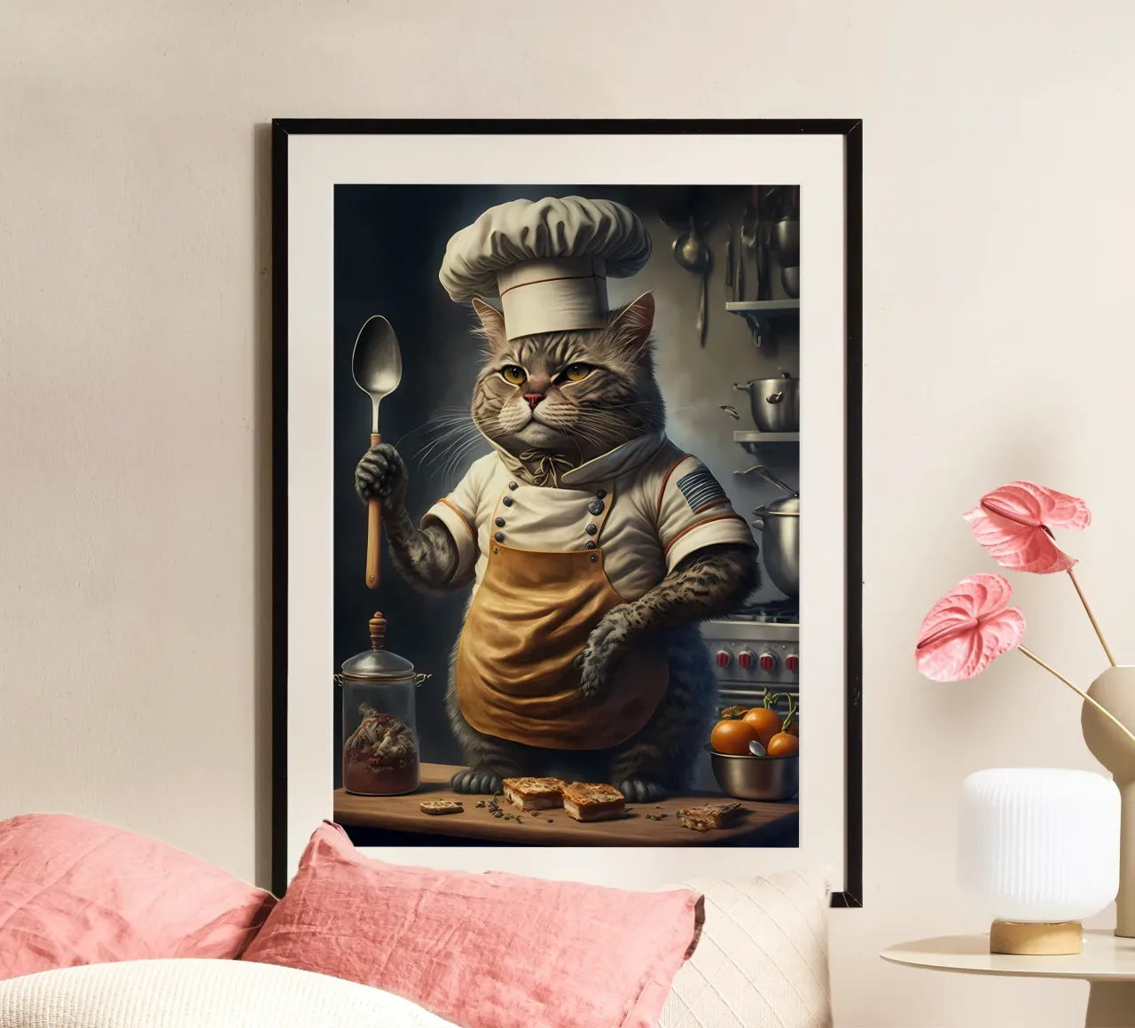 chef gatto soriano gatto chef cappello grembiule cucina cucina cucchiaio stov poster con telaio in alluminio da Ashish Kashyap