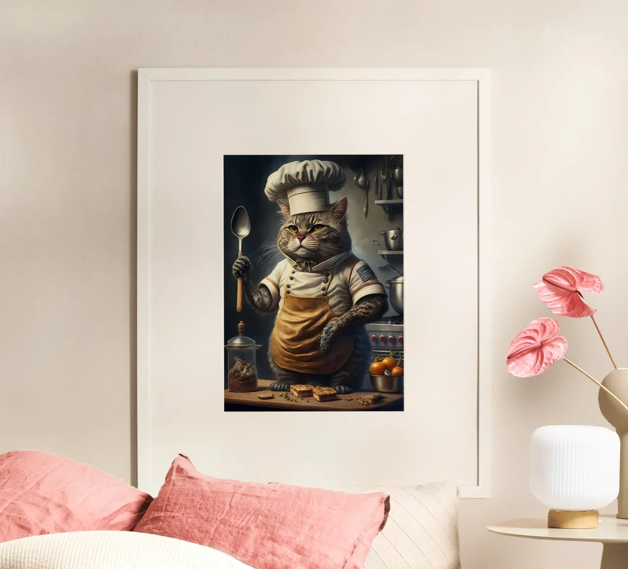 chef gatto soriano gatto chef cappello grembiule cucina cucina cucchiaio stov poster con telaio in alluminio da Ashish Kashyap