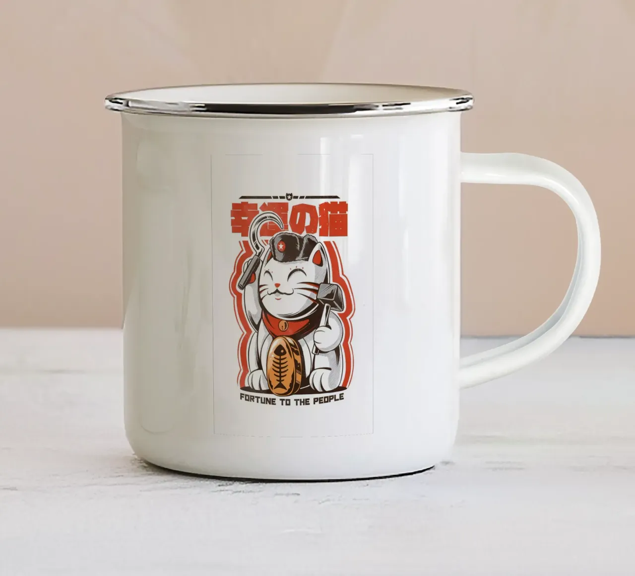 maneki-neko gatto fortunato gatto martello falce stella rosso-berretto collo tazza in smalto da Ashish Kashyap